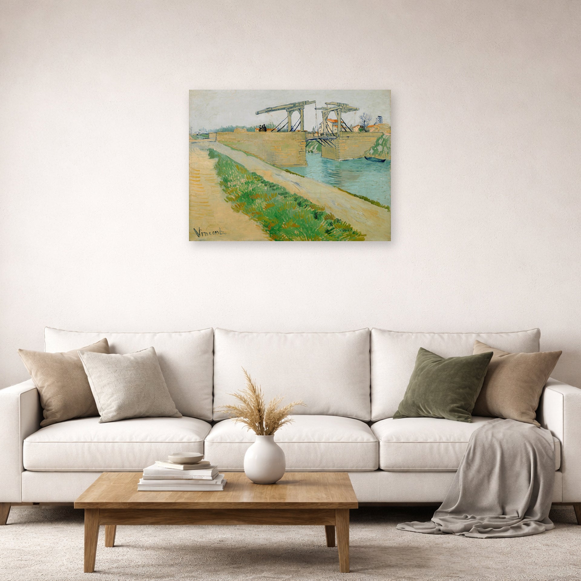 Unframed poster print of Vincent van Gogh's The Langlois Bridge displayed on a wall in a living room