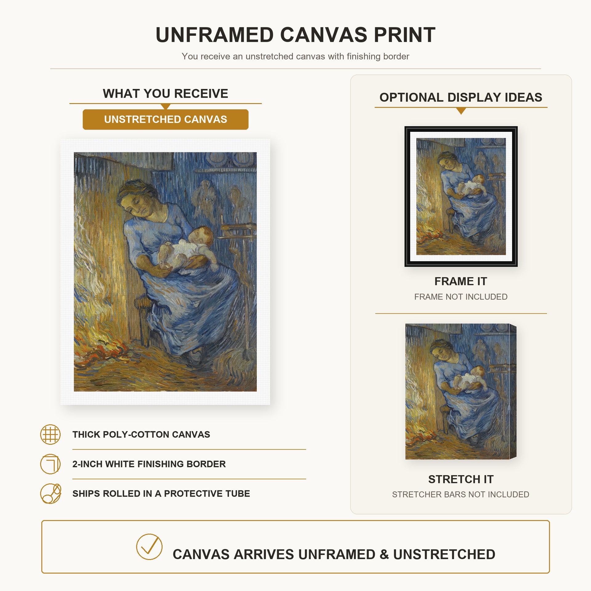 Vincent van Gogh - The Man is at Sea (after Demont-Breton) canvas print size comparison and framing display infographic