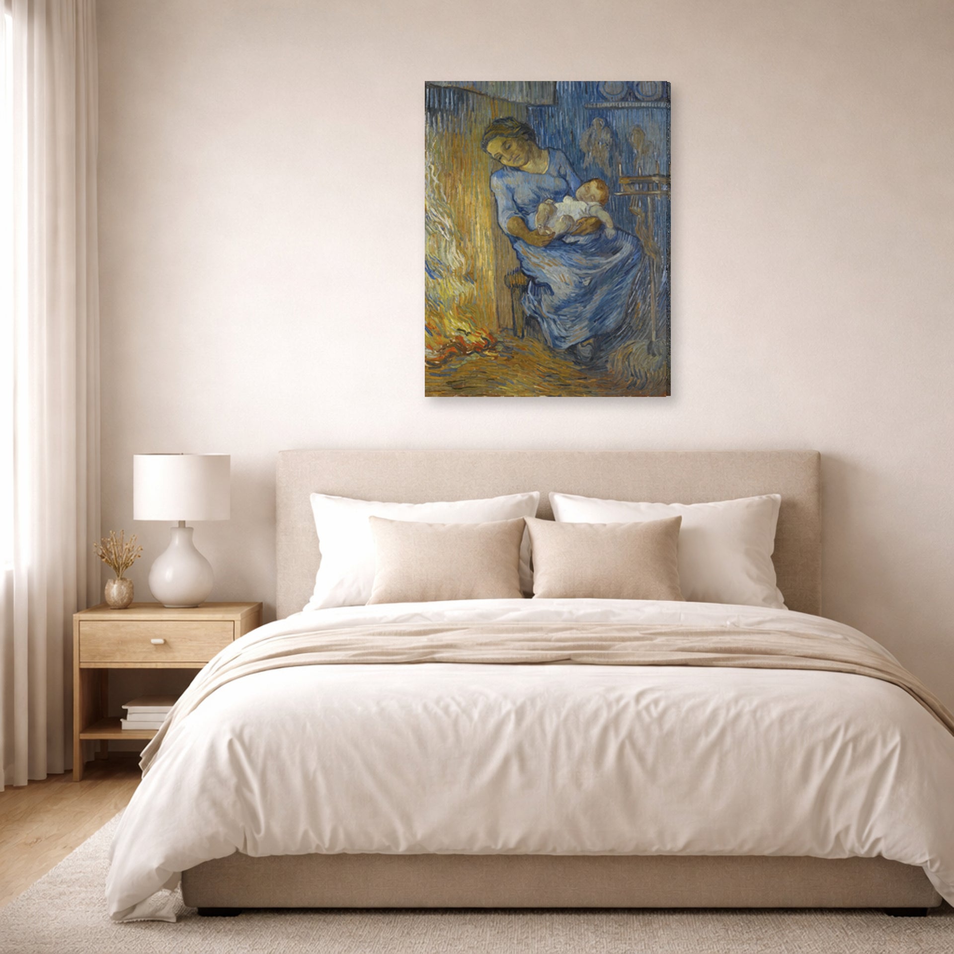 Gallery-wrapped canvas print of Vincent van Gogh's The Man is at Sea (after Demont-Breton) displayed on a wall in a bedroom