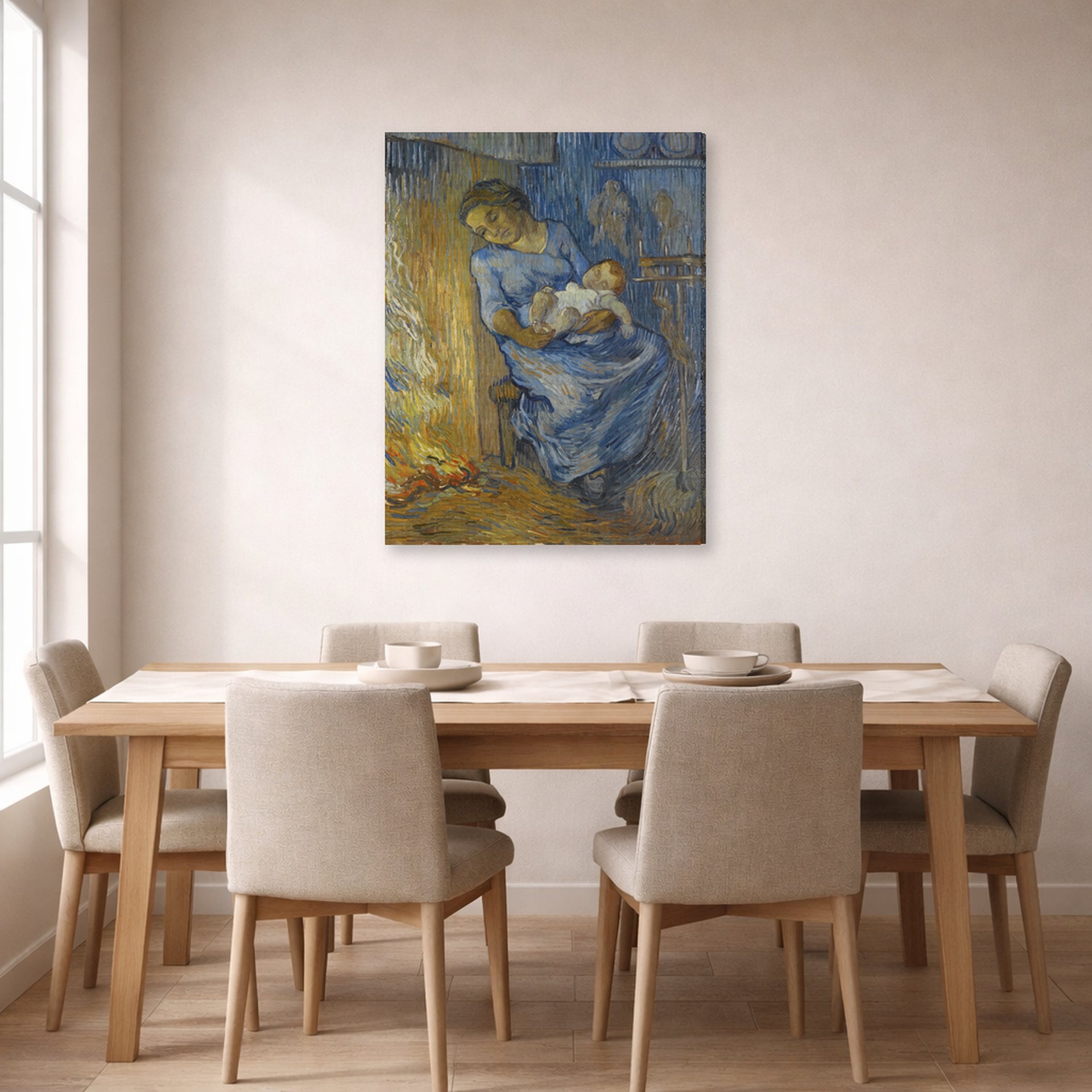 Gallery-wrapped canvas print of Vincent van Gogh's The Man is at Sea (after Demont-Breton) displayed on a wall in a dining room