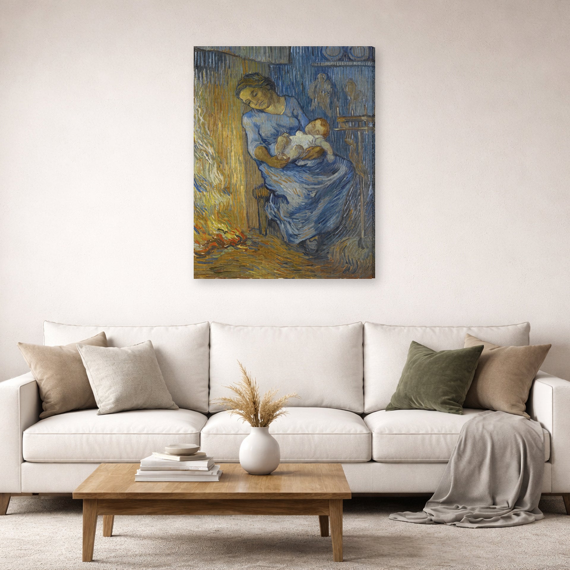 Gallery-wrapped canvas print of Vincent van Gogh's The Man is at Sea (after Demont-Breton) displayed on a wall in a living room