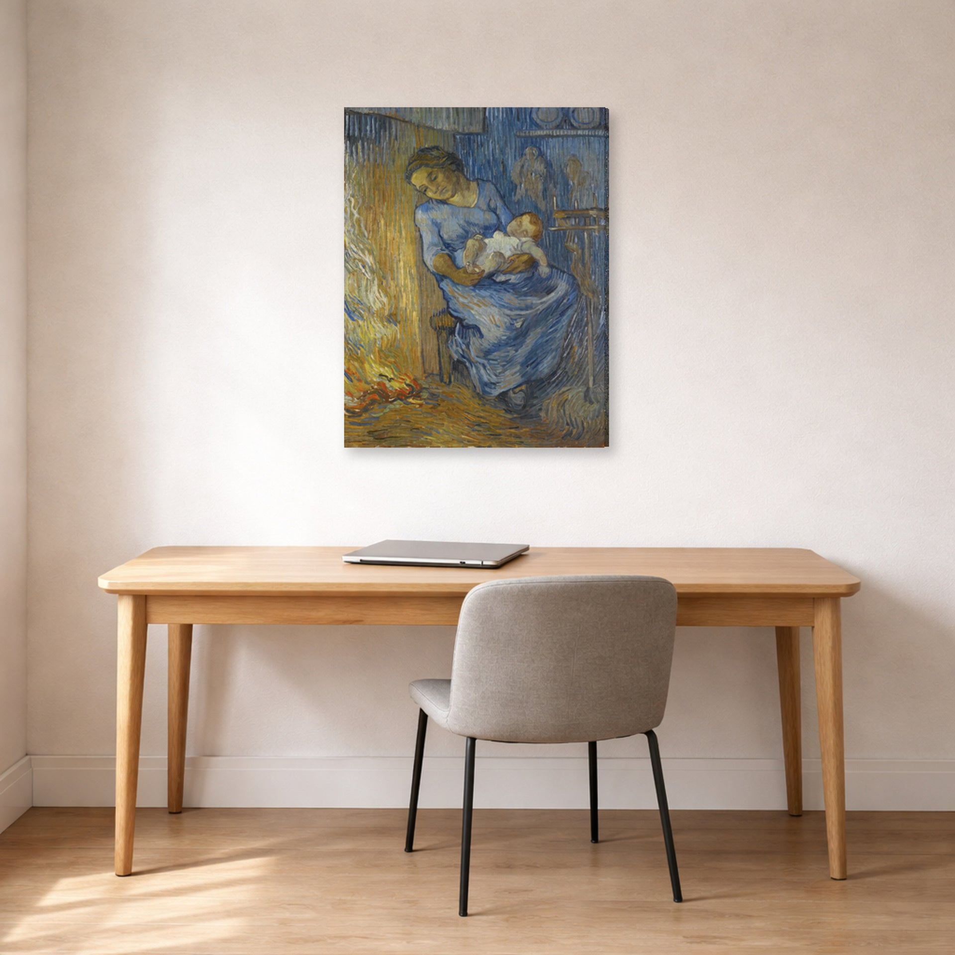 Gallery-wrapped canvas print of Vincent van Gogh's The Man is at Sea (after Demont-Breton) displayed on a wall in a home office