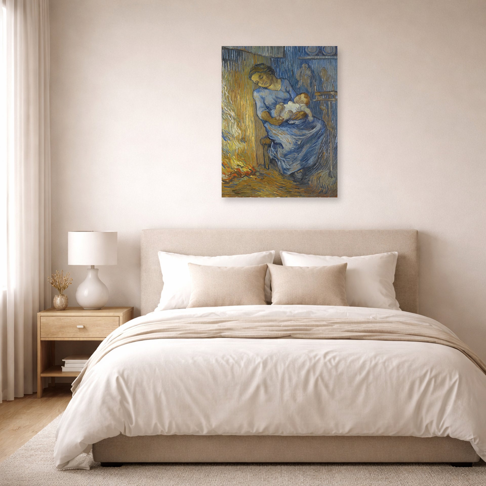 Unframed poster print of Vincent van Gogh's The Man is at Sea (after Demont-Breton) displayed on a wall in a bedroom