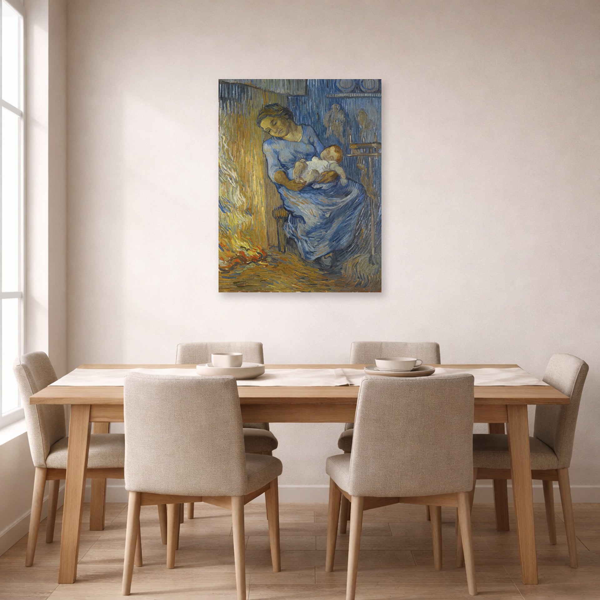 Unframed poster print of Vincent van Gogh's The Man is at Sea (after Demont-Breton) displayed on a wall in a dining room