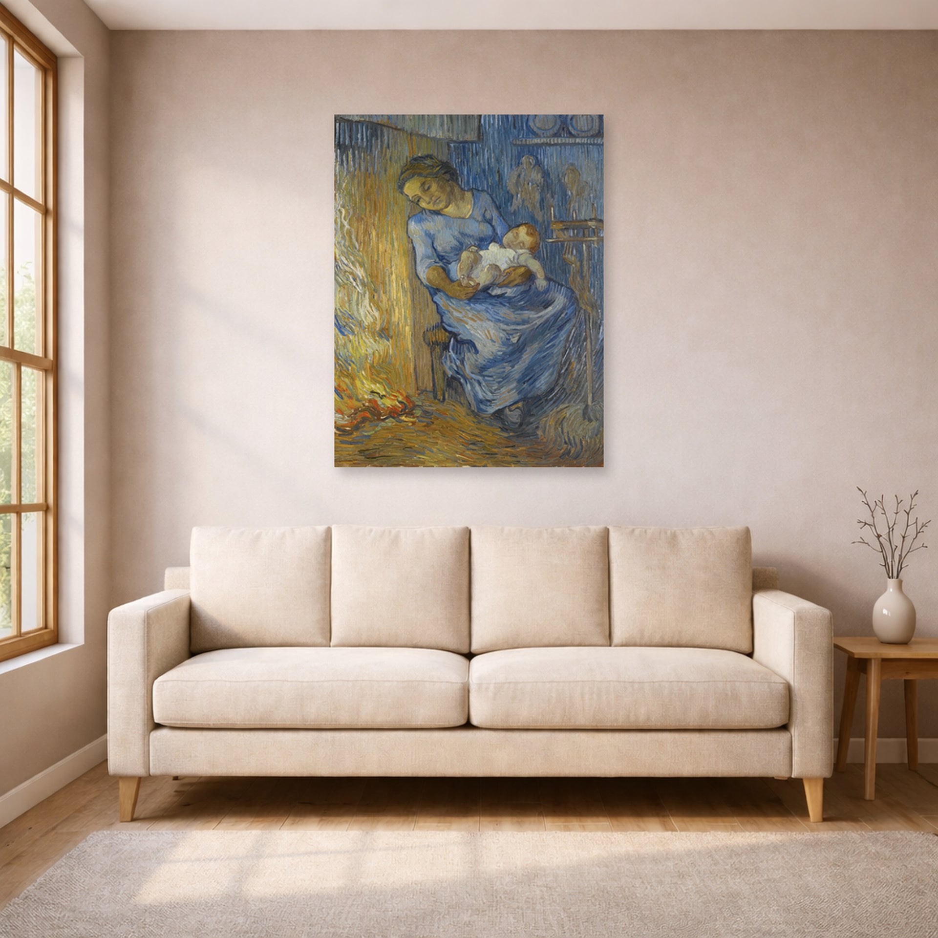 Unframed poster print of Vincent van Gogh's The Man is at Sea (after Demont-Breton) displayed on a wall in a living room