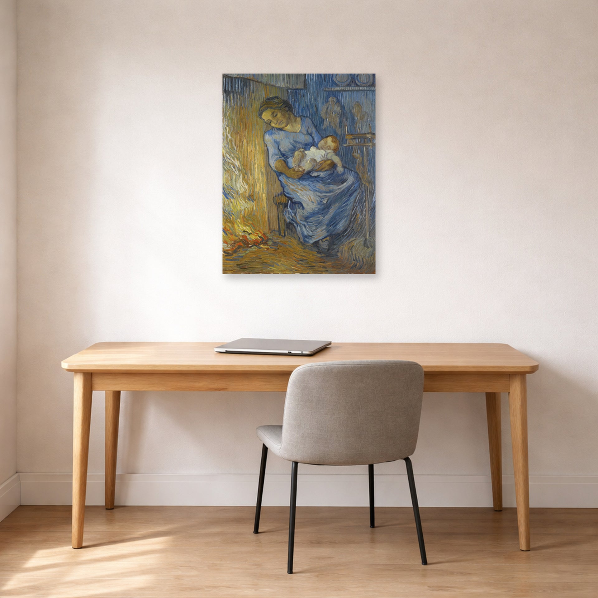 Unframed poster print of Vincent van Gogh's The Man is at Sea (after Demont-Breton) displayed on a wall in a home office