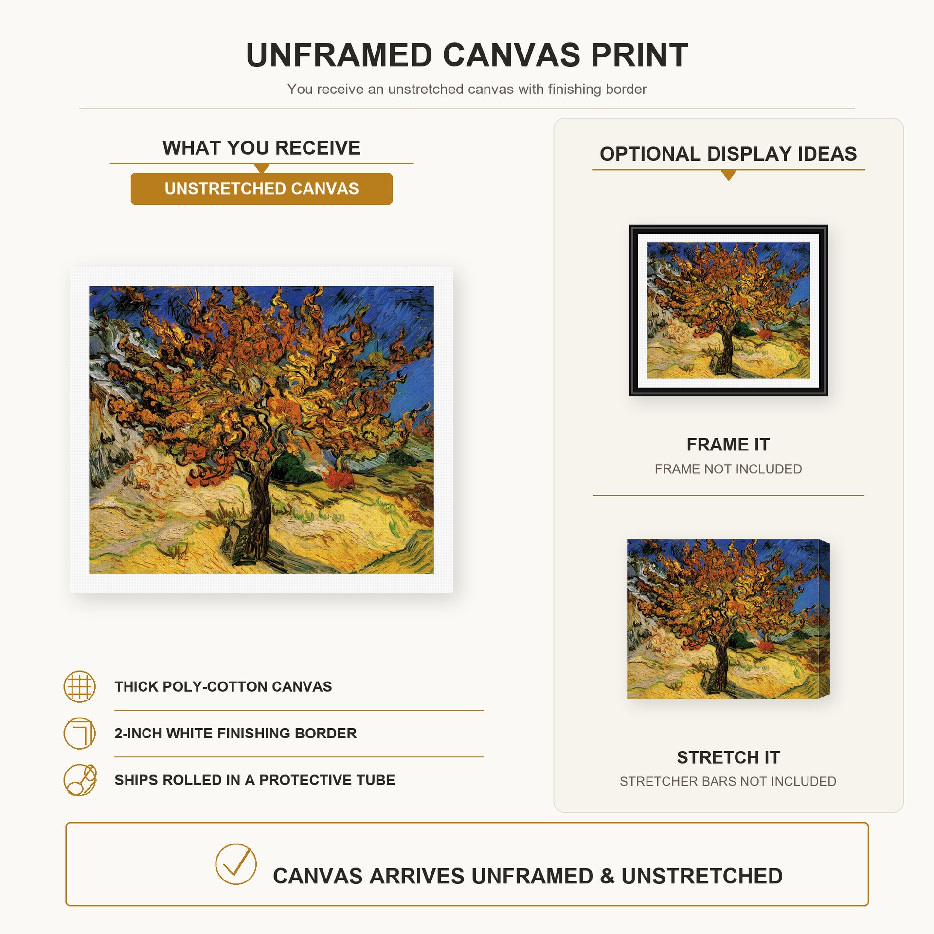 Vincent van Gogh - The Mulberry Tree canvas print size comparison and framing display infographic