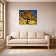 Gallery-wrapped canvas print of Vincent van Gogh's The Mulberry Tree displayed on a wall in a living room
