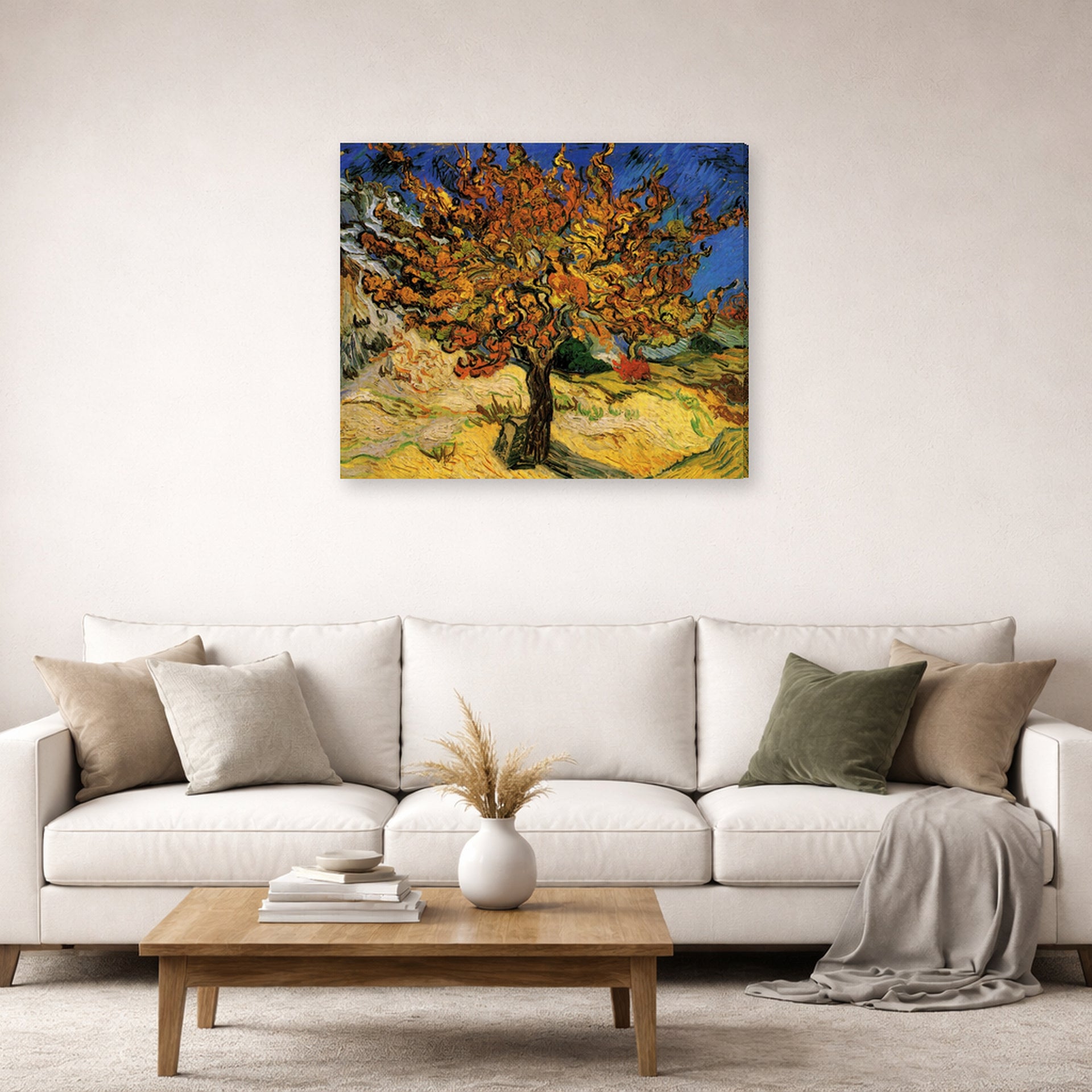 Gallery-wrapped canvas print of Vincent van Gogh's The Mulberry Tree displayed on a wall in a living room
