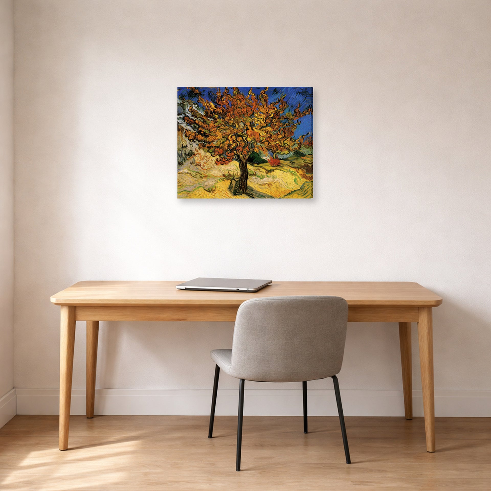 Gallery-wrapped canvas print of Vincent van Gogh's The Mulberry Tree displayed on a wall in a home office