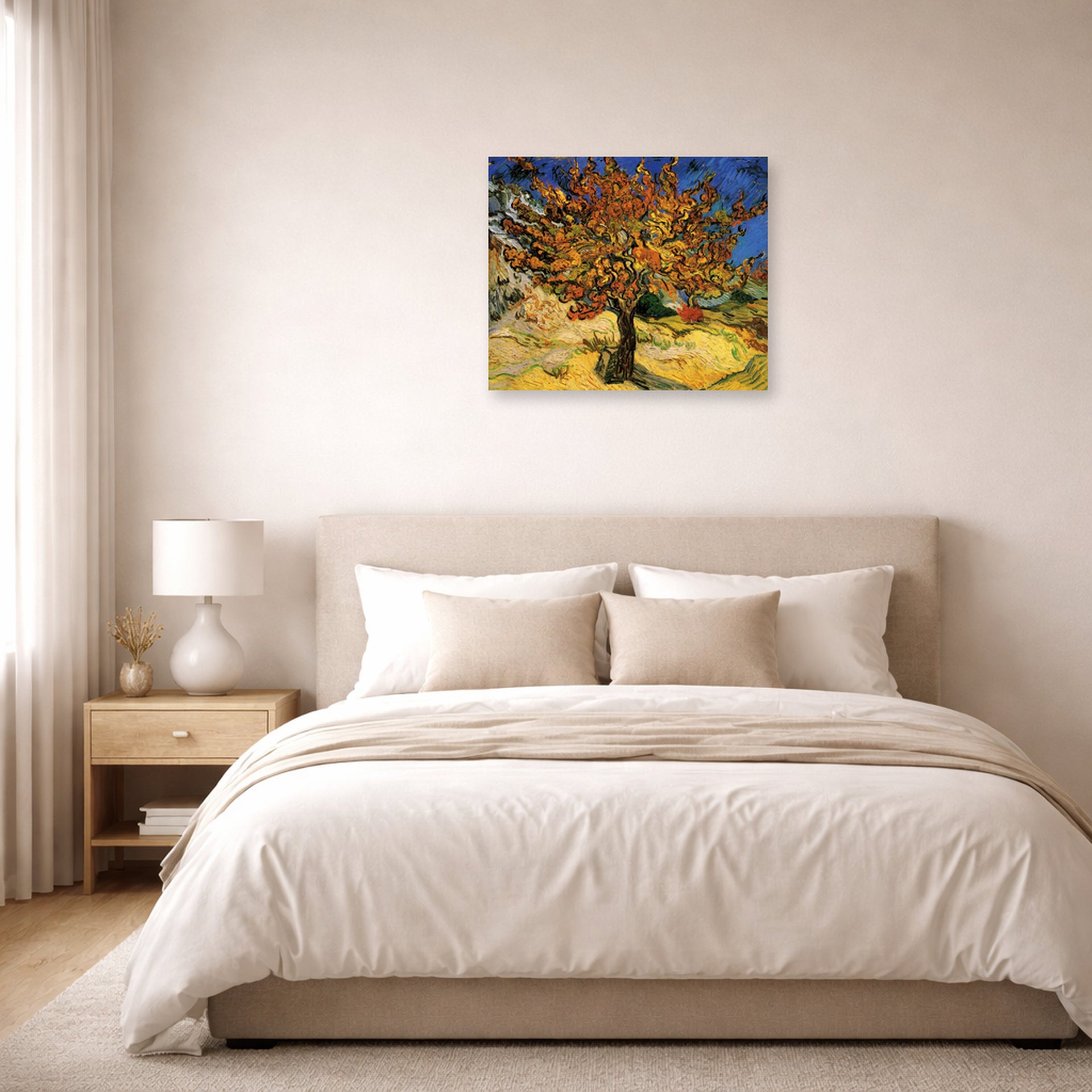 Unframed poster print of Vincent van Gogh's The Mulberry Tree displayed on a wall in a bedroom