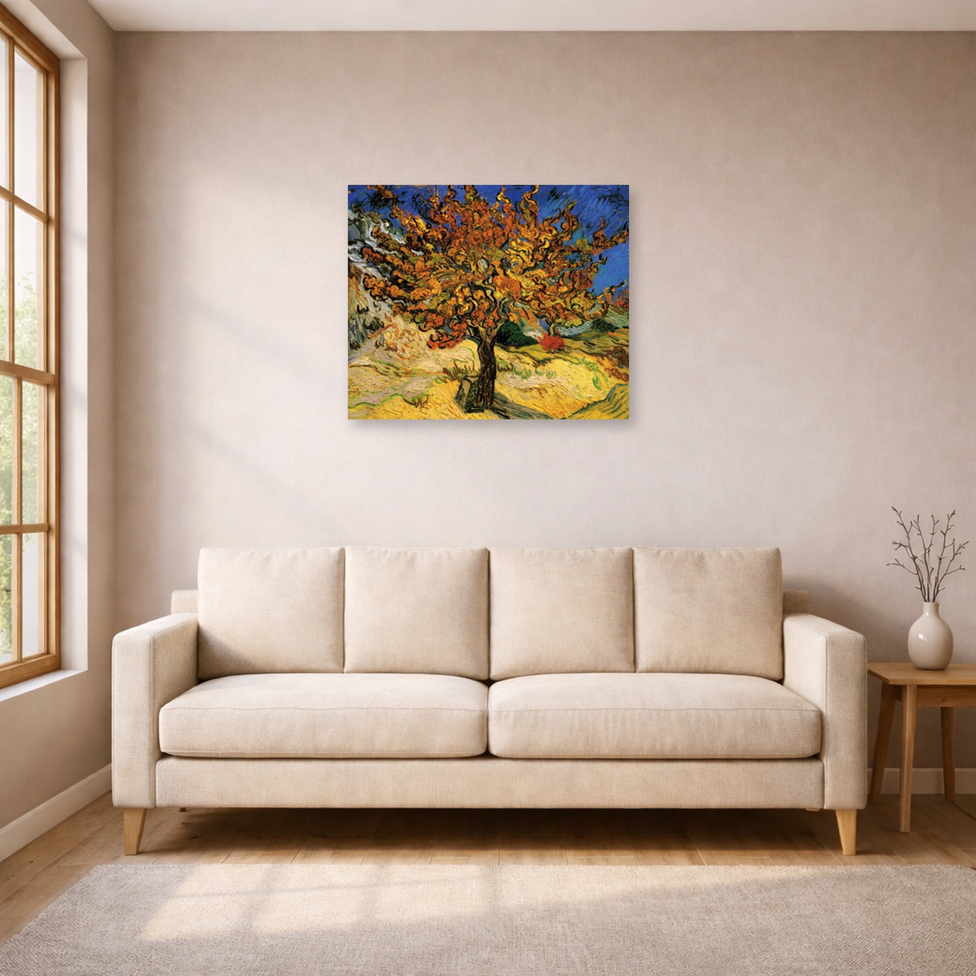 Unframed poster print of Vincent van Gogh's The Mulberry Tree displayed on a wall in a living room