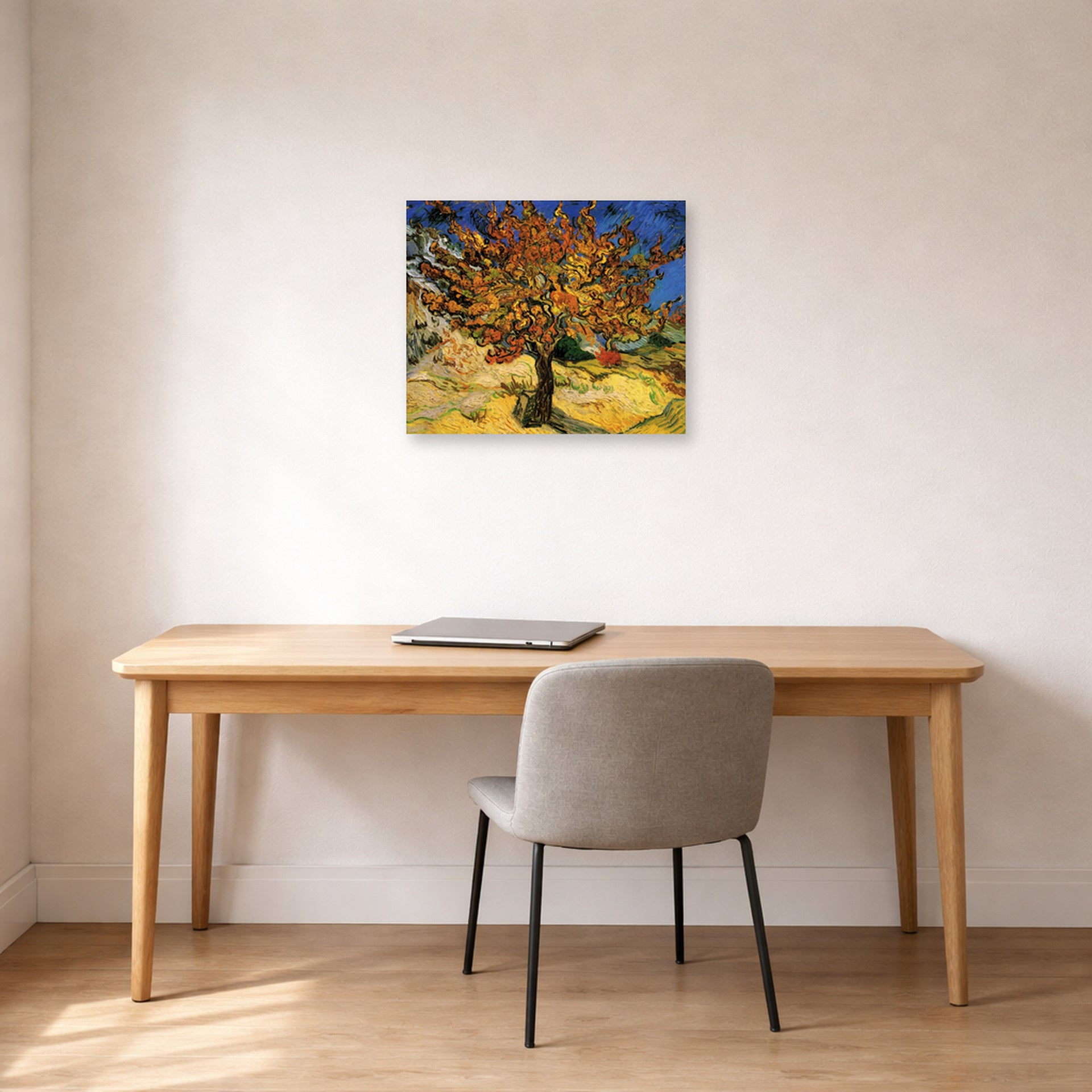Unframed poster print of Vincent van Gogh's The Mulberry Tree displayed on a wall in a home office