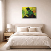Gallery-wrapped canvas print of Vincent van Gogh's The Novel Reader displayed on a wall in a bedroom