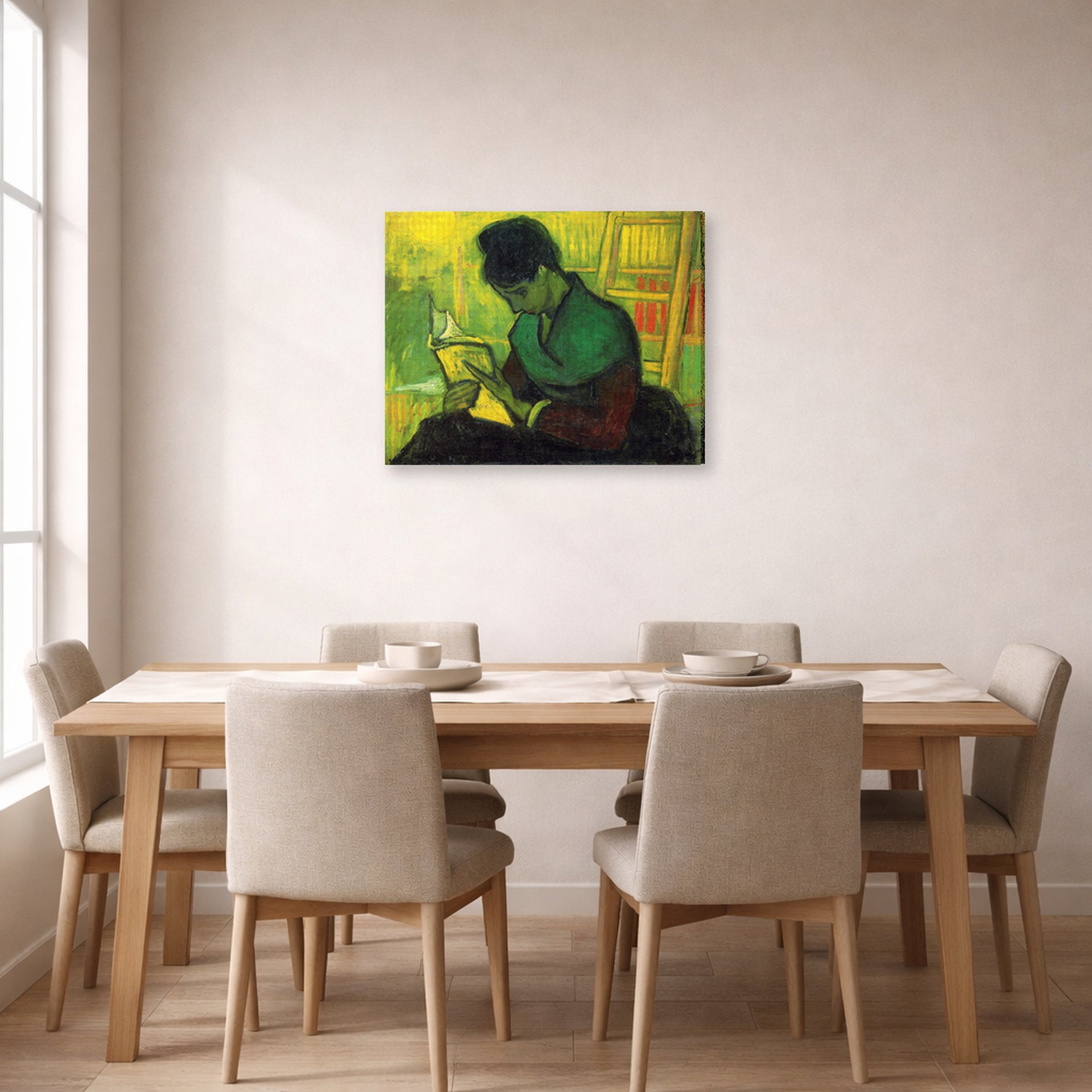 Gallery-wrapped canvas print of Vincent van Gogh's The Novel Reader displayed on a wall in a dining room