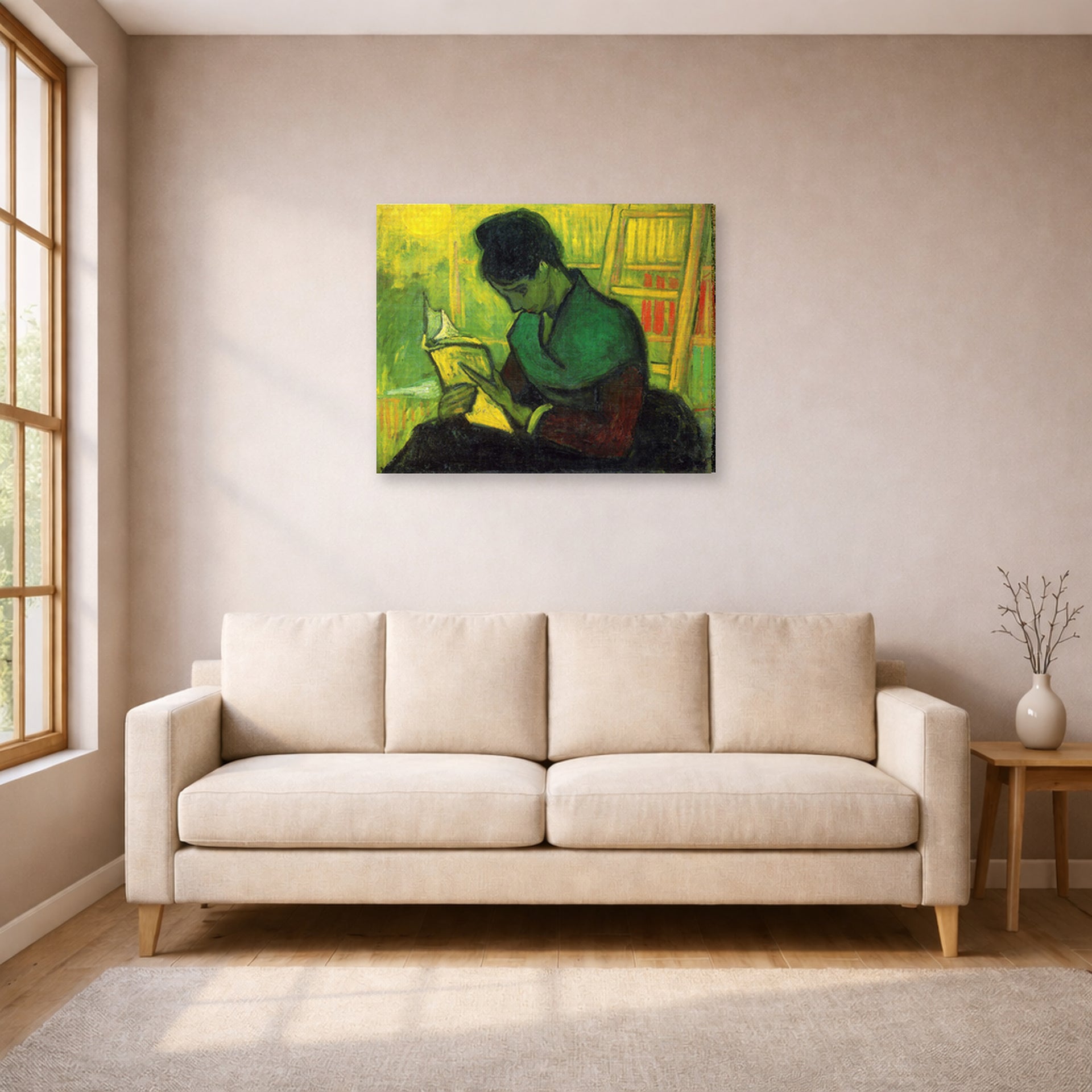 Gallery-wrapped canvas print of Vincent van Gogh's The Novel Reader displayed on a wall in a living room