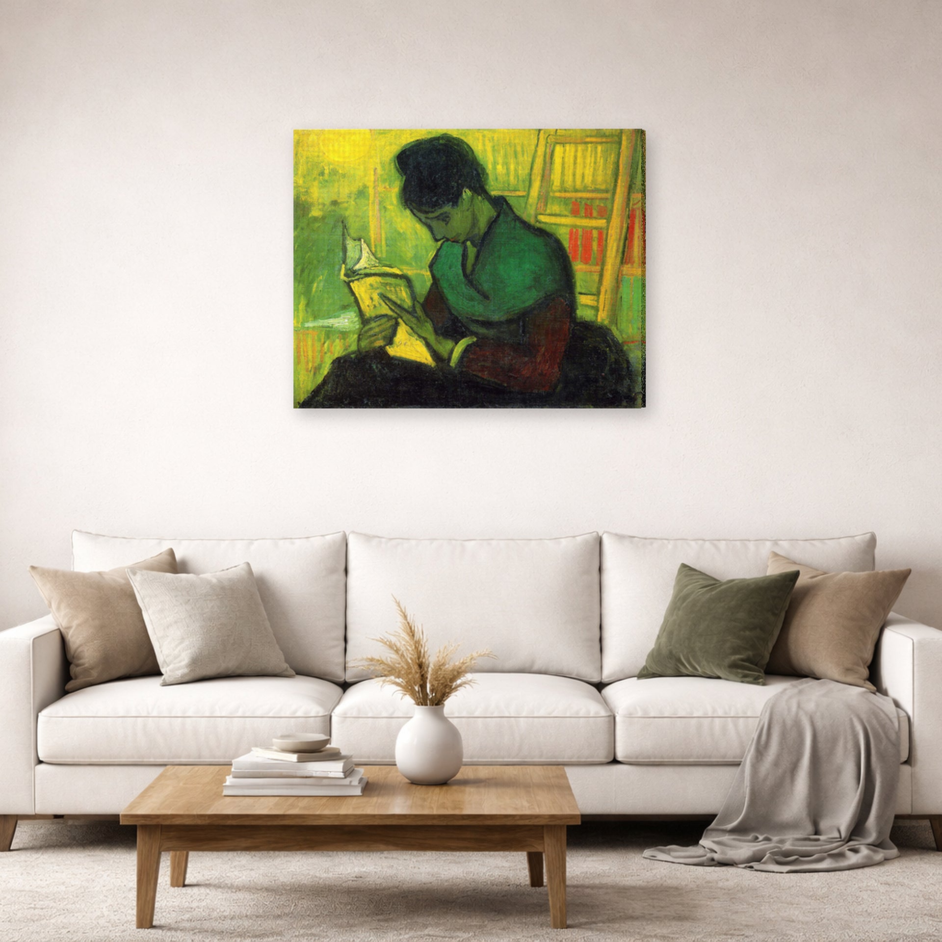 Gallery-wrapped canvas print of Vincent van Gogh's The Novel Reader displayed on a wall in a living room