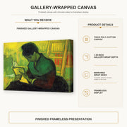 Vincent van Gogh - The Novel Reader gallery wrap canvas construction and hanging details infographic