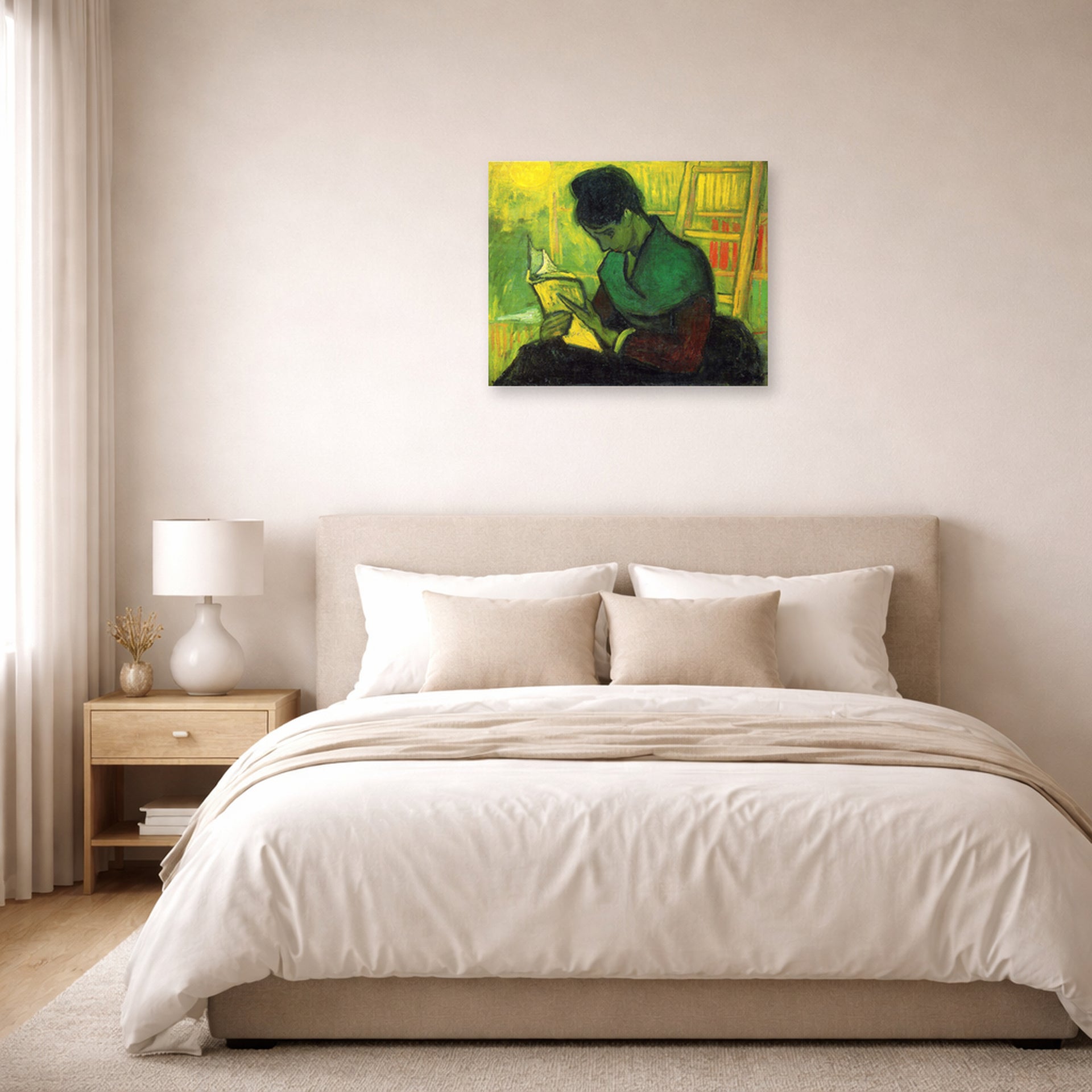 Unframed poster print of Vincent van Gogh's The Novel Reader displayed on a wall in a bedroom