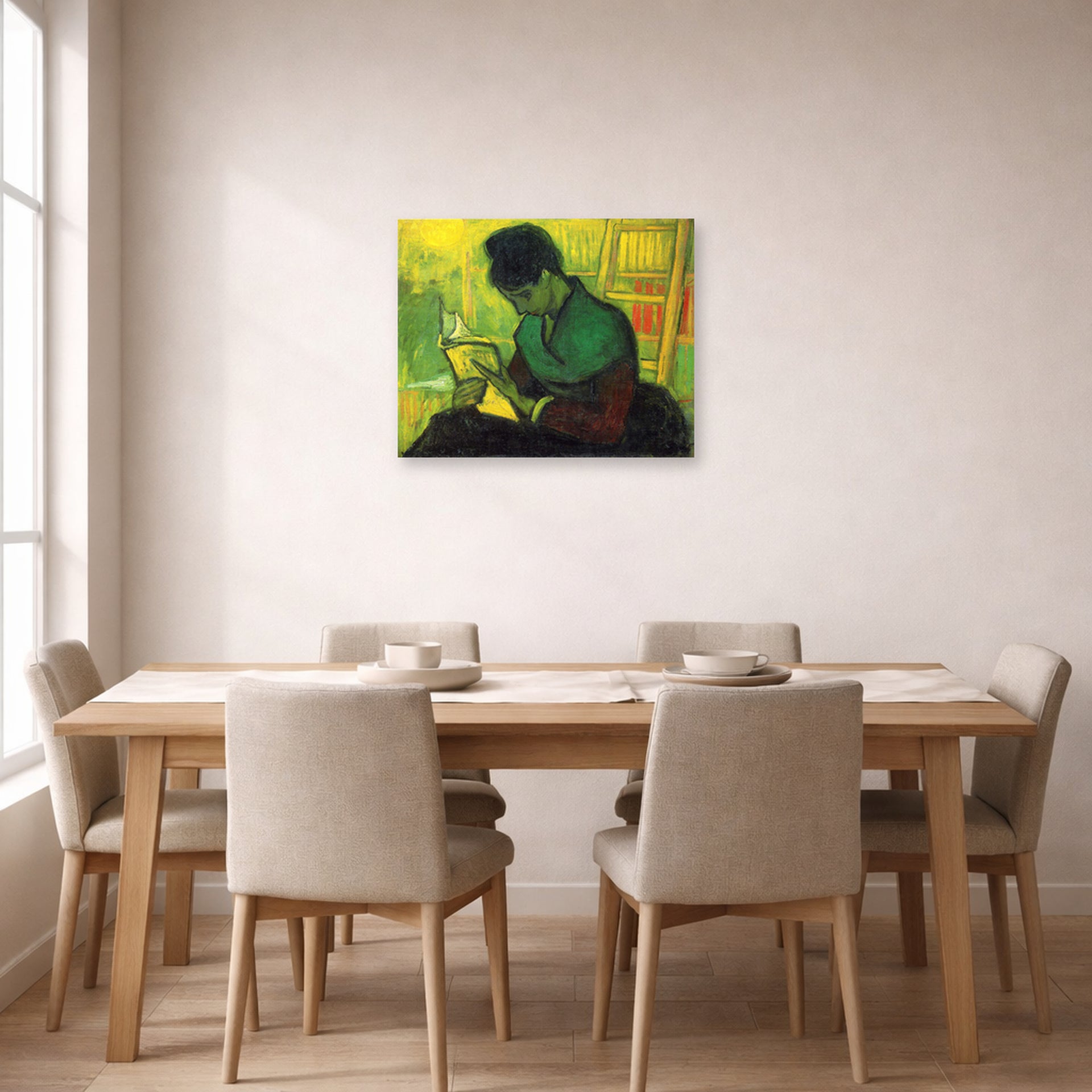 Unframed poster print of Vincent van Gogh's The Novel Reader displayed on a wall in a dining room
