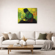 Unframed poster print of Vincent van Gogh's The Novel Reader displayed on a wall in a living room