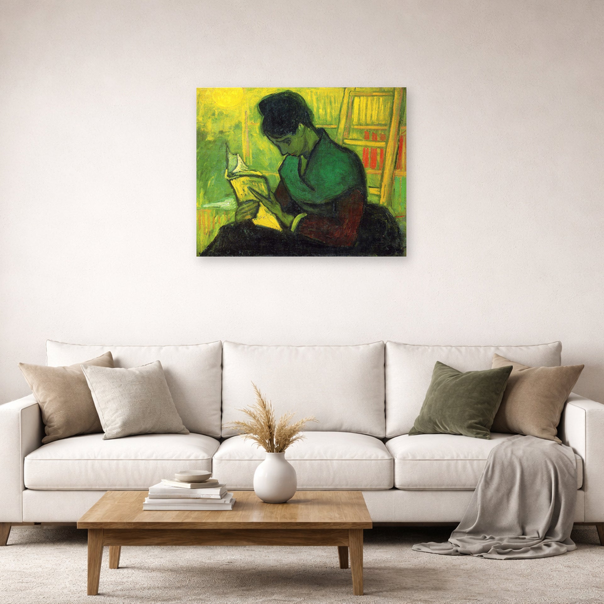 Unframed poster print of Vincent van Gogh's The Novel Reader displayed on a wall in a living room