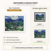 Vincent van Gogh - The Olive Trees canvas print size comparison and framing display infographic