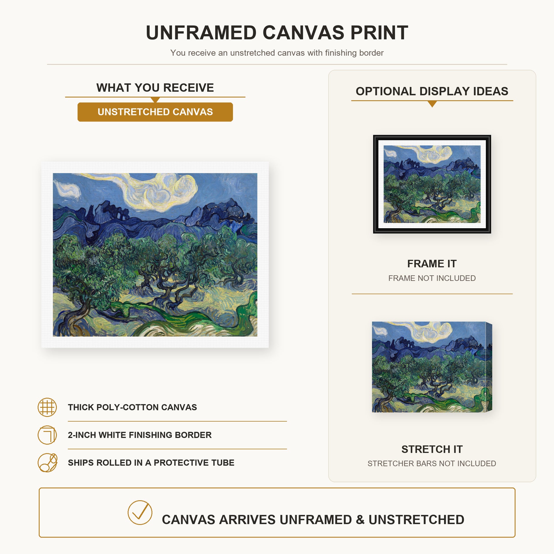 Vincent van Gogh - The Olive Trees canvas print size comparison and framing display infographic
