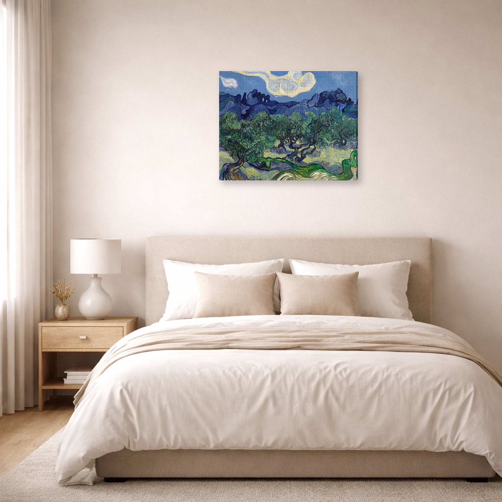 Gallery-wrapped canvas print of Vincent van Gogh's The Olive Trees displayed on a wall in a bedroom