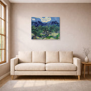 Gallery-wrapped canvas print of Vincent van Gogh's The Olive Trees displayed on a wall in a living room