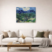 Gallery-wrapped canvas print of Vincent van Gogh's The Olive Trees displayed on a wall in a living room