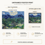 Vincent van Gogh - The Olive Trees poster print size comparison and framing display infographic