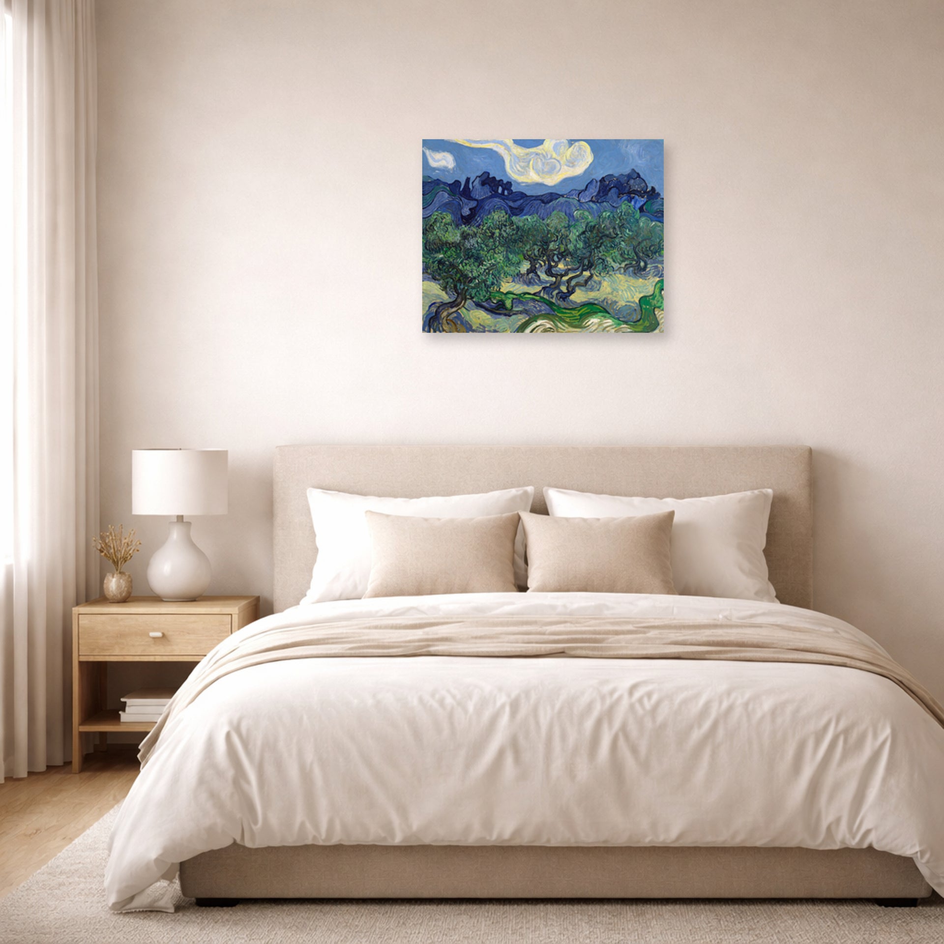 Unframed poster print of Vincent van Gogh's The Olive Trees displayed on a wall in a bedroom