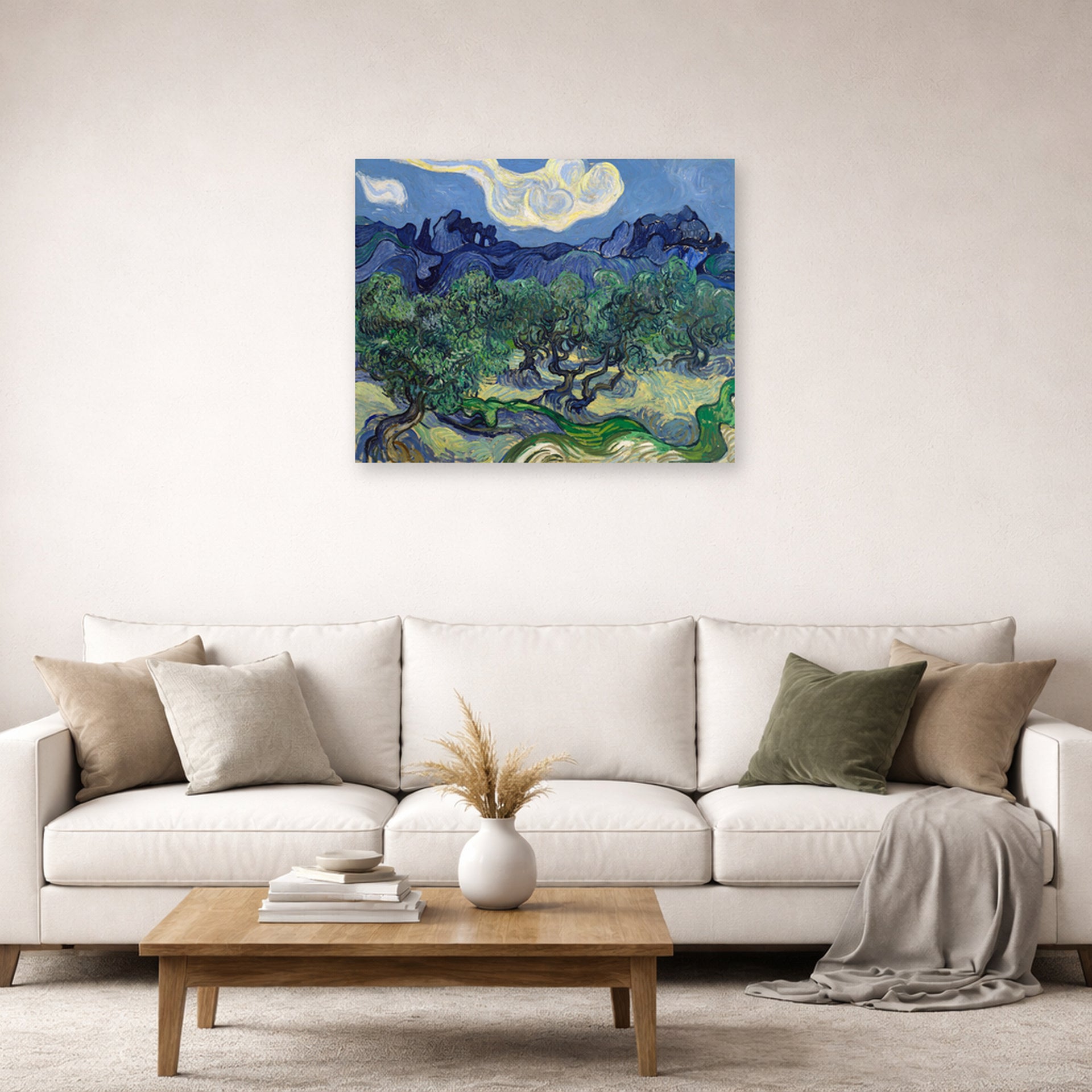 Unframed poster print of Vincent van Gogh's The Olive Trees displayed on a wall in a living room