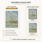 Vincent van Gogh - The Pink Peach Tree canvas print size comparison and framing display infographic