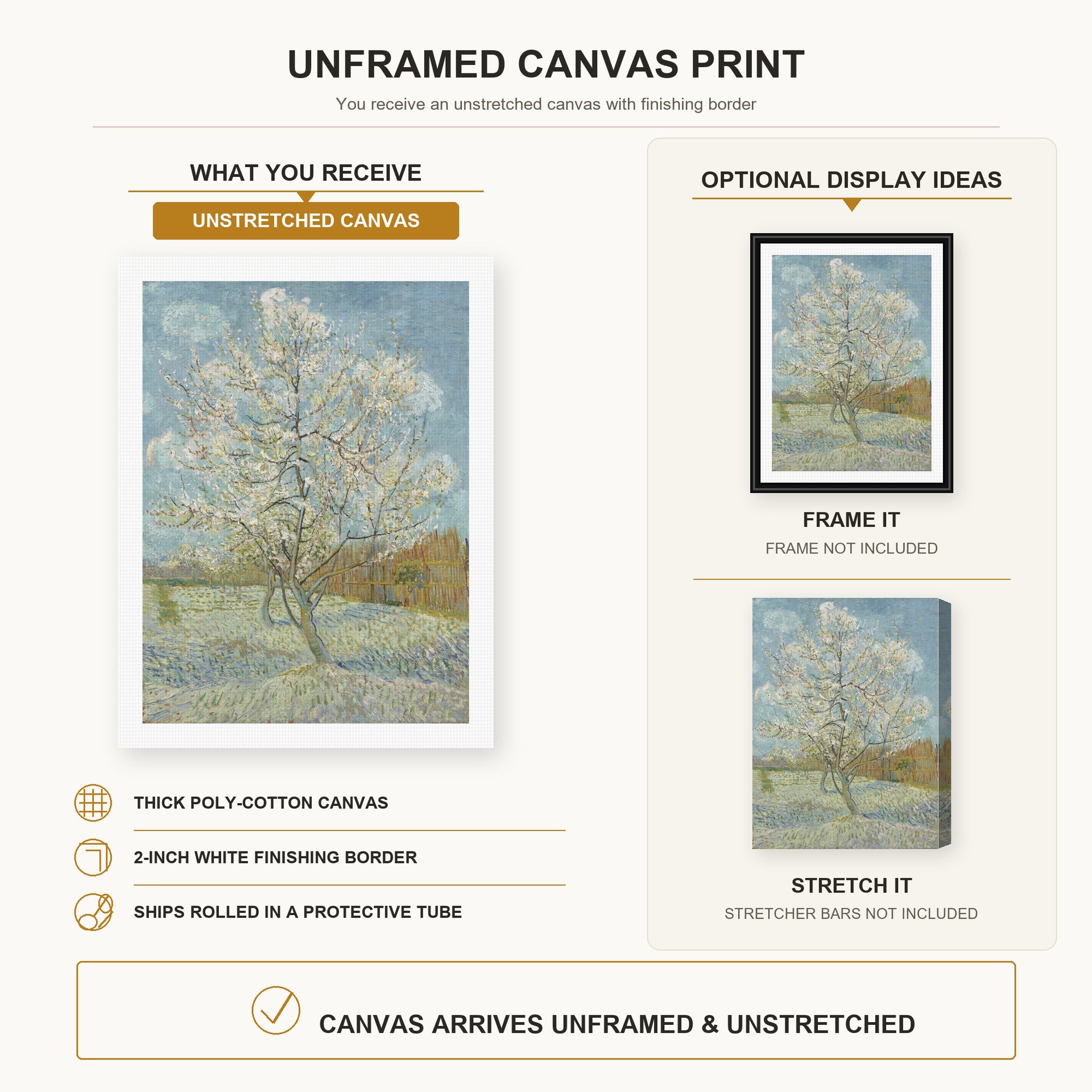 Vincent van Gogh - The Pink Peach Tree canvas print size comparison and framing display infographic