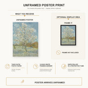 Vincent van Gogh - The Pink Peach Tree poster print size comparison and framing display infographic