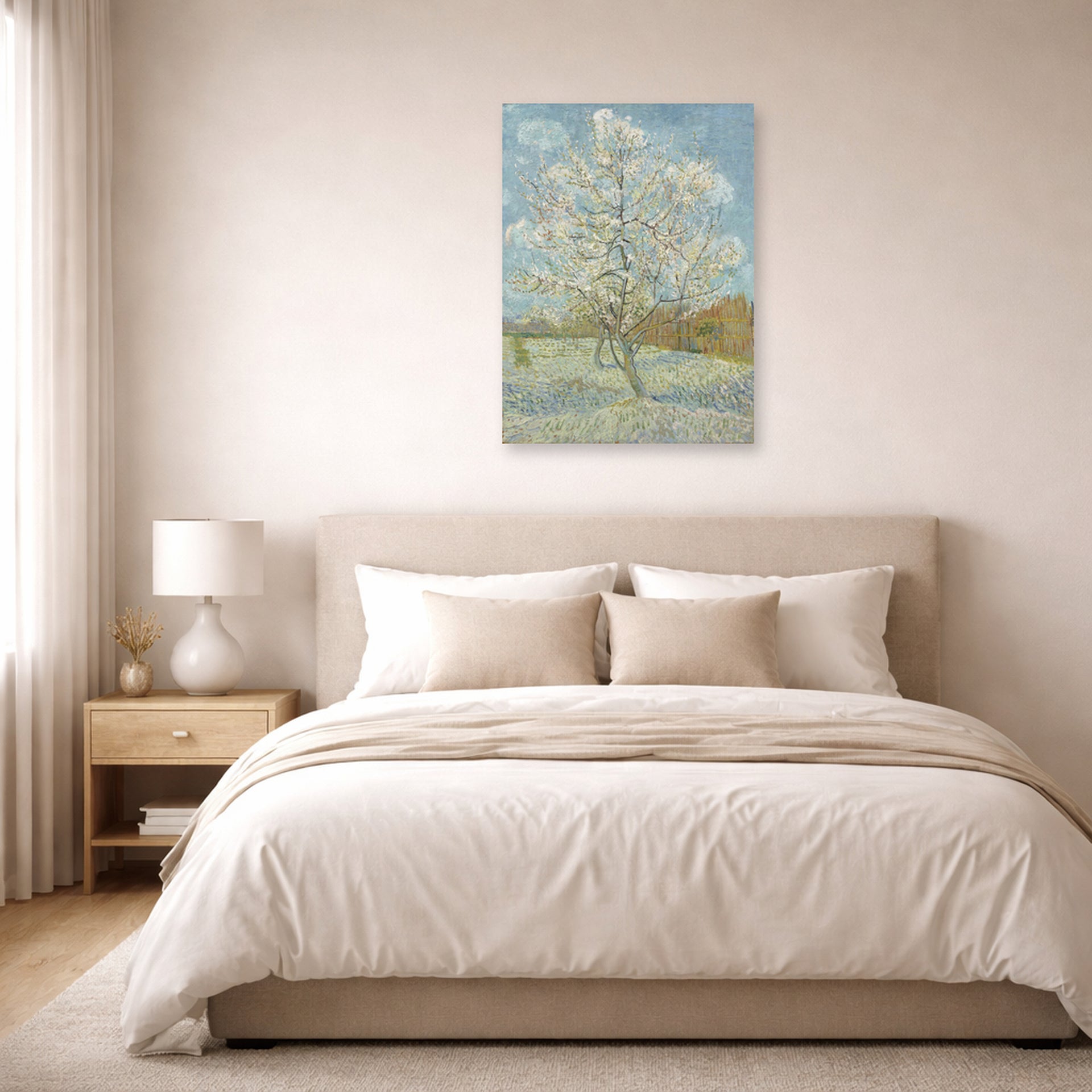 Unframed poster print of Vincent van Gogh's The Pink Peach Tree displayed on a wall in a bedroom