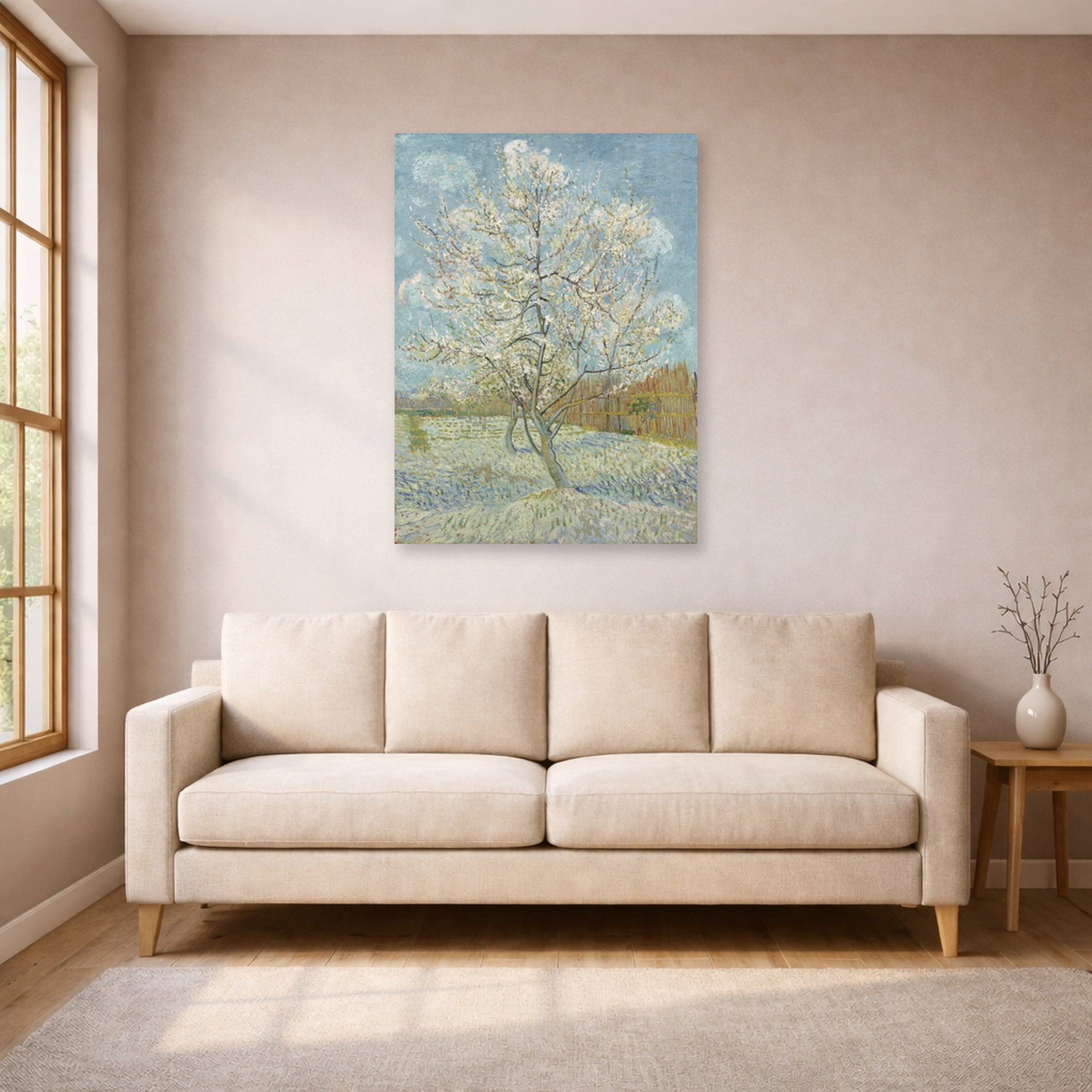 Unframed poster print of Vincent van Gogh's The Pink Peach Tree displayed on a wall in a living room