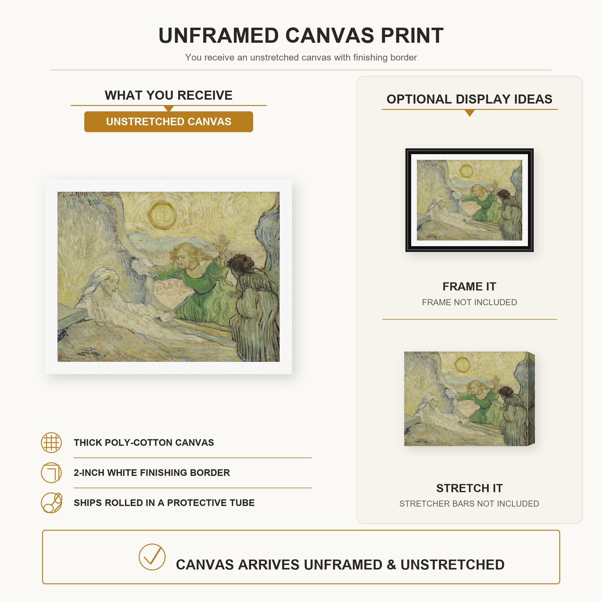 Vincent van Gogh - The Raising of Lazarus canvas print size comparison and framing display infographic