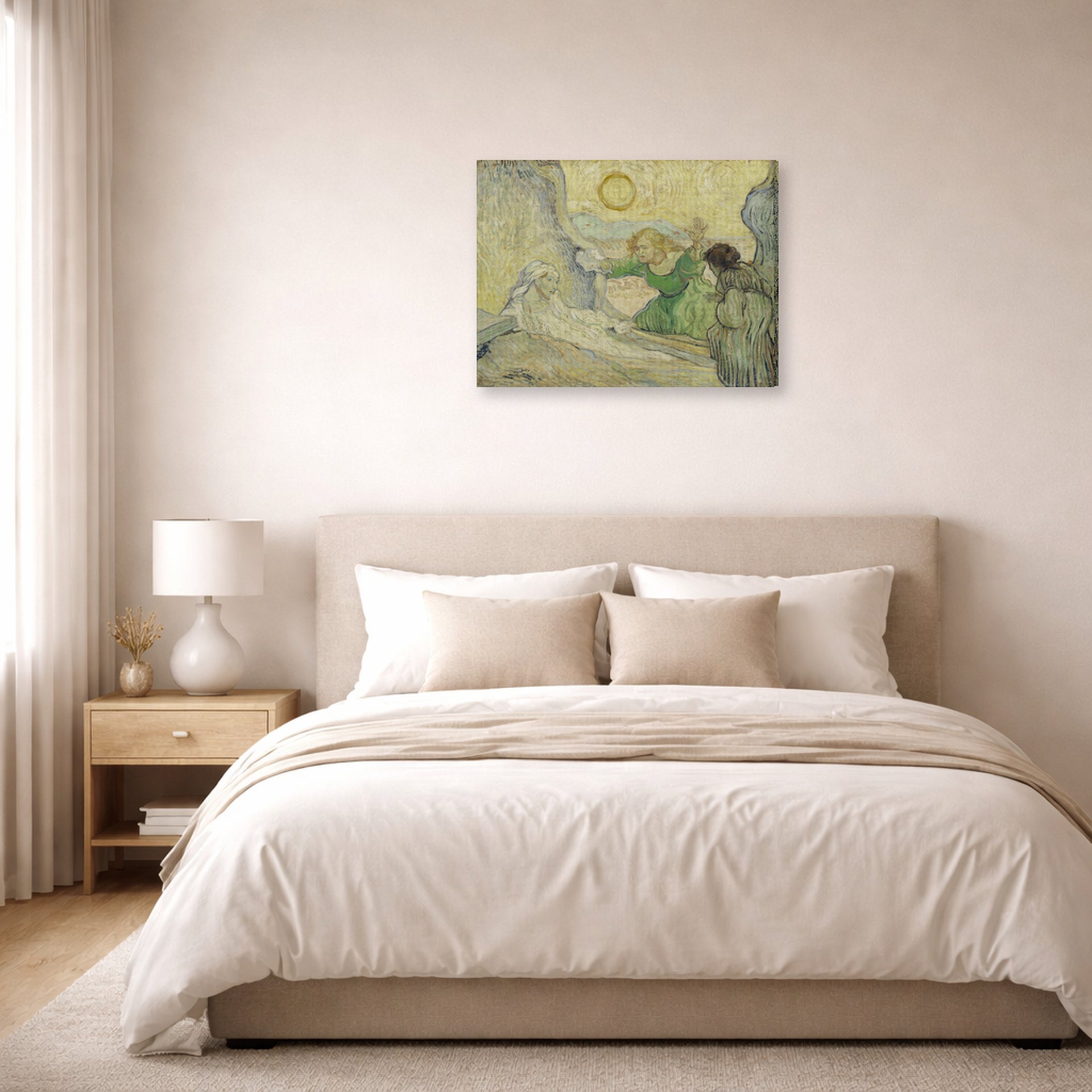 Gallery-wrapped canvas print of Vincent van Gogh's The Raising of Lazarus displayed on a wall in a bedroom
