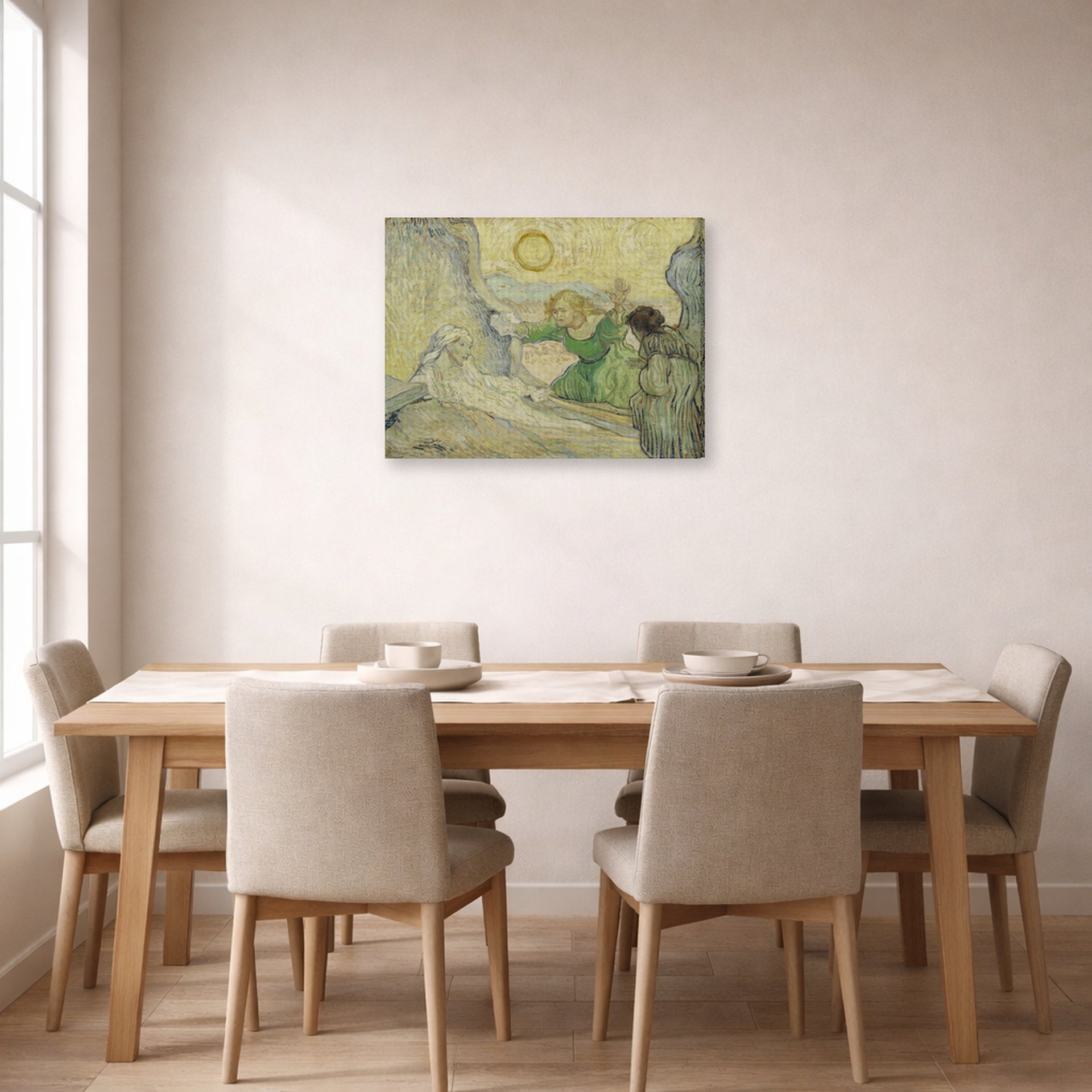 Gallery-wrapped canvas print of Vincent van Gogh's The Raising of Lazarus displayed on a wall in a dining room