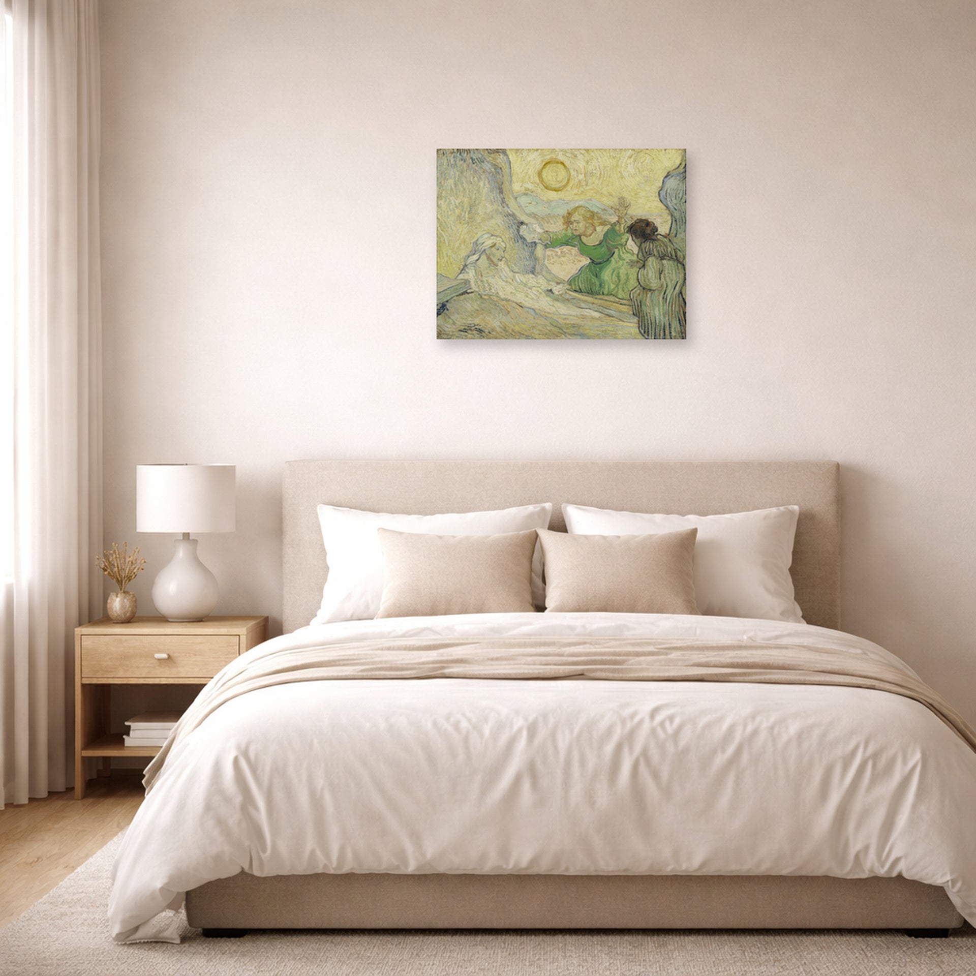 Unframed poster print of Vincent van Gogh's The Raising of Lazarus displayed on a wall in a bedroom