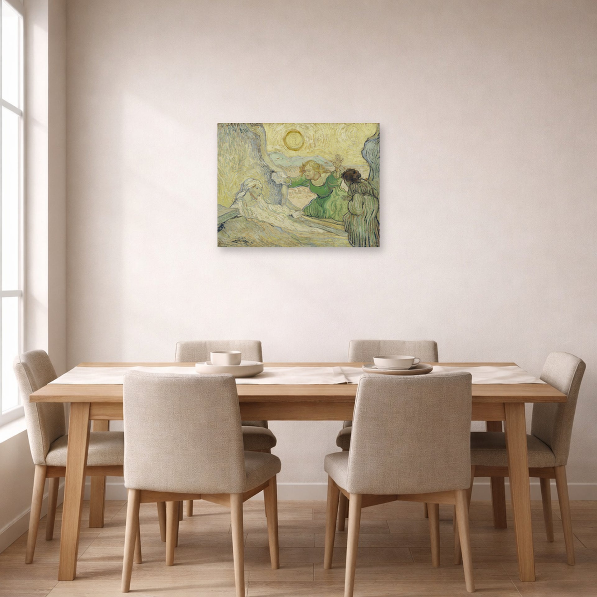 Unframed poster print of Vincent van Gogh's The Raising of Lazarus displayed on a wall in a dining room
