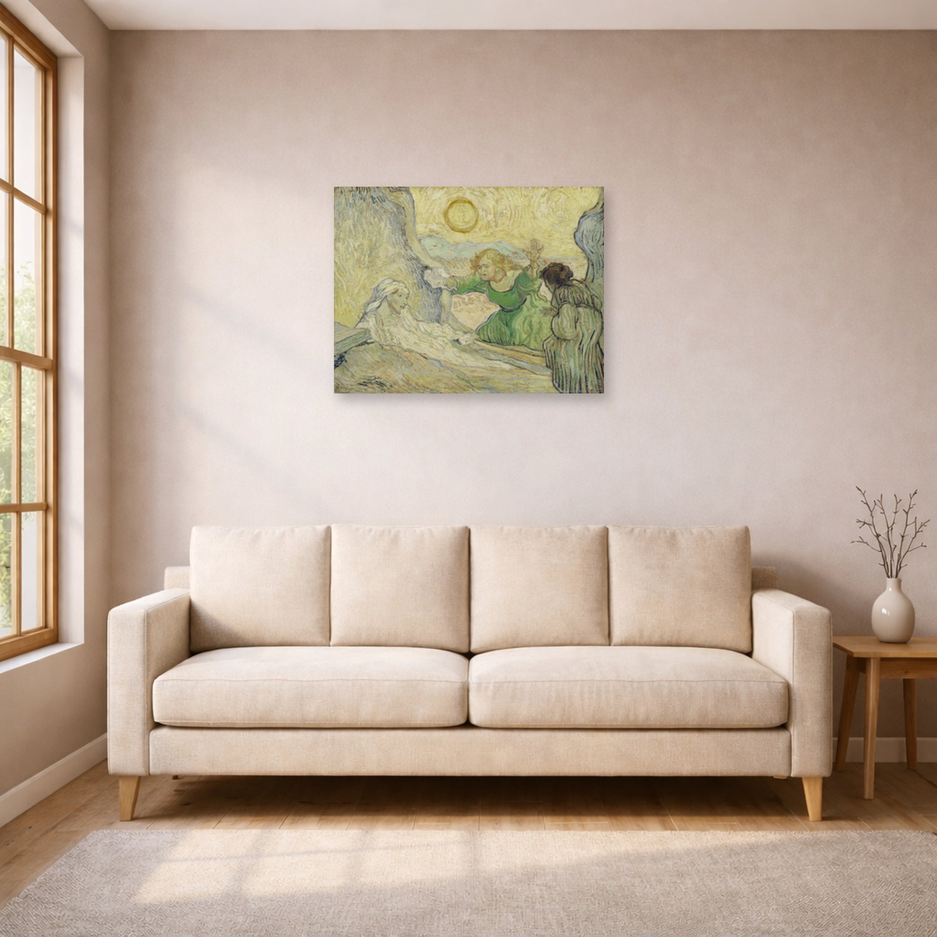 Unframed poster print of Vincent van Gogh's The Raising of Lazarus displayed on a wall in a living room