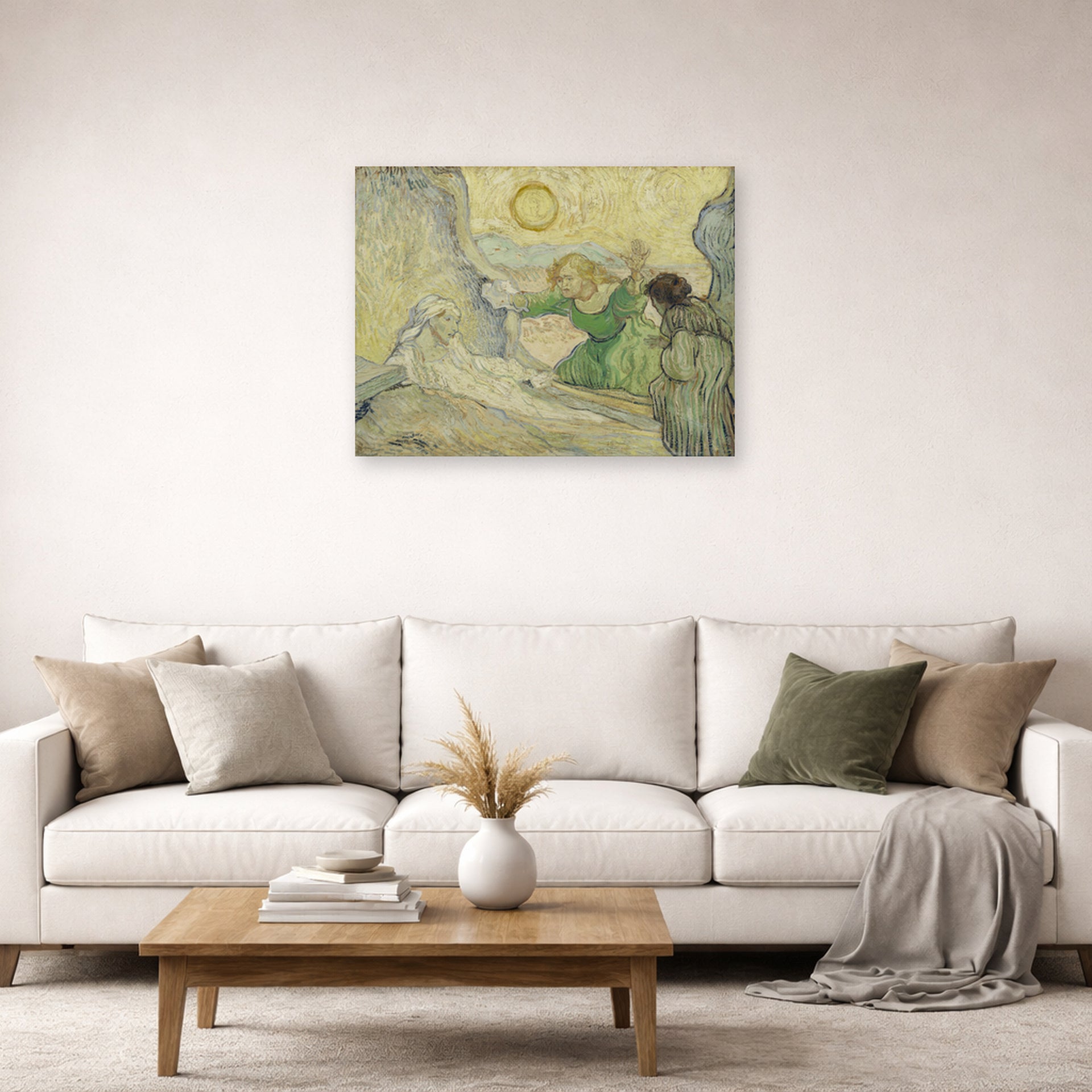 Unframed poster print of Vincent van Gogh's The Raising of Lazarus displayed on a wall in a living room