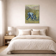 Gallery-wrapped canvas print of Vincent van Gogh's The Reaper displayed on a wall in a bedroom