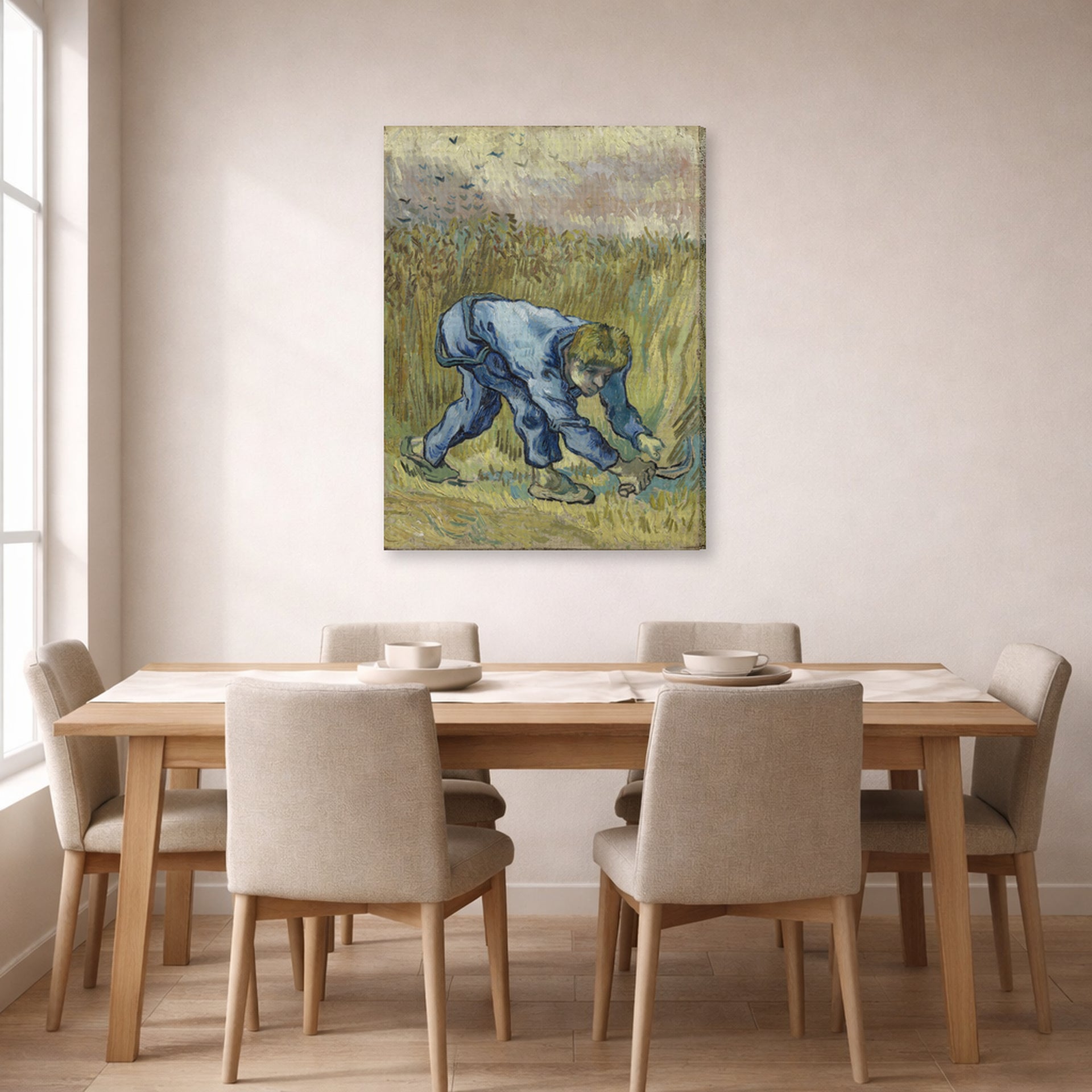 Gallery-wrapped canvas print of Vincent van Gogh's The Reaper displayed on a wall in a dining room