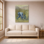Gallery-wrapped canvas print of Vincent van Gogh's The Reaper displayed on a wall in a living room