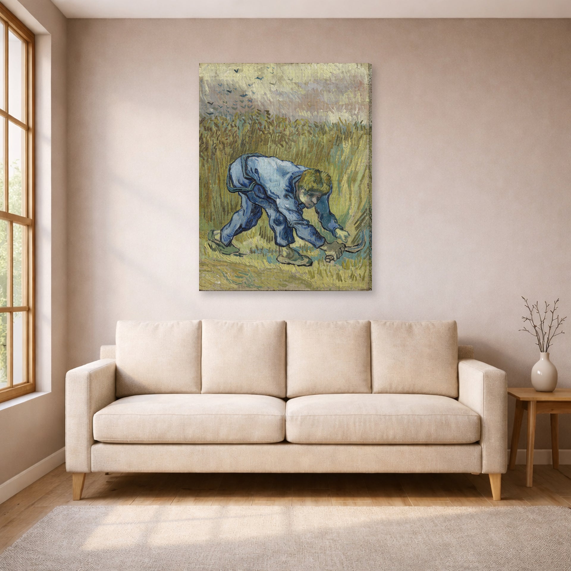 Gallery-wrapped canvas print of Vincent van Gogh's The Reaper displayed on a wall in a living room